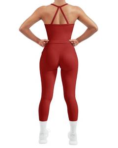 lot 20127 image: SUUKSESS Women 2 Piece Workout Sets Compression Tummy Control Leggings with Pockets Halter Built in Bra Tank Tops Sports Bra Scrunch Booty Lting Yoga Pants (Red, L)
