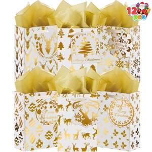 lot 20139 image: JOYIN 12 PCS Christmas Foil Gold Gift Bags with Tissue Papers and Name Card Tags, Assorted White Winter Prints for Xmas Presents Wrapping Stocking Stuffers Thanksgiving New Year(4 x 6 x 2)