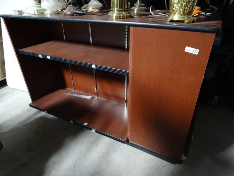 lot 5924 image: Wood 4 sided display rack on wheels