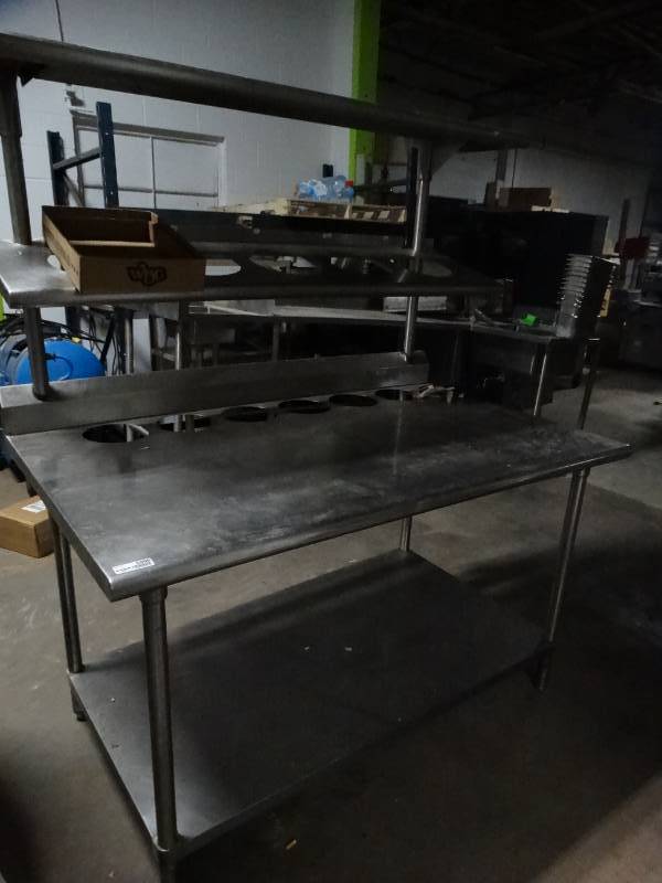 lot 5996 image: Stainless steel table w upper & lower shelves