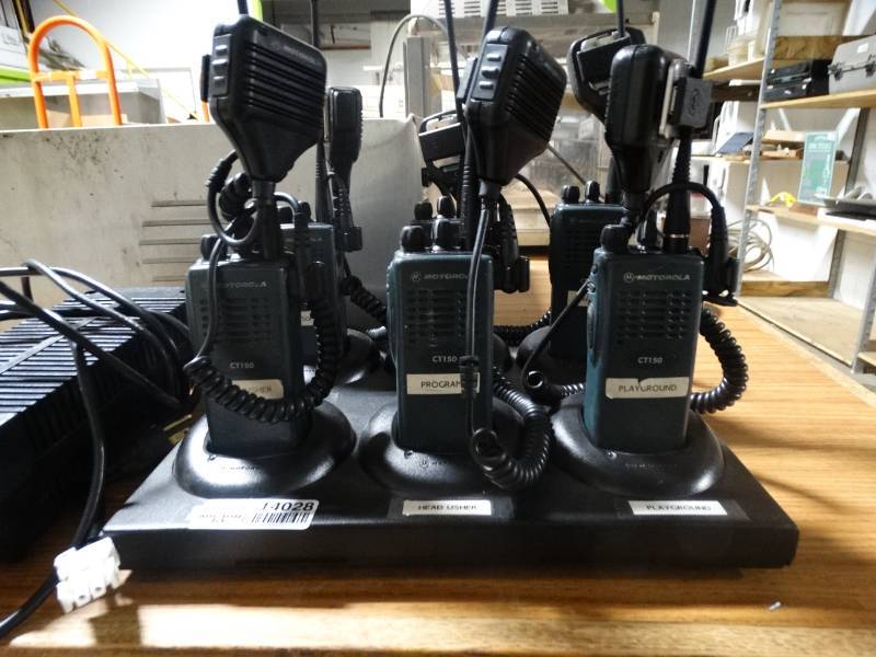 lot 14028 image: 6 Motorola CT150 radios wmics & 6 bank charger- Wichita Wingnuts walkie talkies-