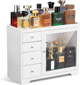 lot 171041 image: Cologne Organizer for Men, 5 Tier Large Capacity organizador de perfumes, Wooden Dustproof Perfumes Organizer Cologne Stand with 4 Drawer Storage,Gifts Ideas for Loved ones (White)