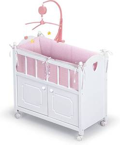 lot 171048 image: Basket Wooden Toy Doll Bed with Storage, Mobile, and Bedding to Pretend and Play - Includes Wheels and Free Personalization Kit - White with Pink Gingham Fabric