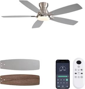 lot 171049 image: 52inch Flush Mount Ceiling Fans with Lights and Remote ControlAPP Control, DC Reversible Motor, Noiseless, Dimmable, Low Profile Nickel Ceiling Fan for Bedroom IndoorOutdoor Use