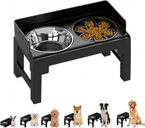 lot 171055 image: PAKEWAY Elevated Dog Bowls, Spill Proof, Tiltable Pet Feeder with 1 Slow Feeder Bowl &1 Stainless Steel Bowl, 6 Height Adjustable Raised Dog Bowls Stand for Medium Large Dogs