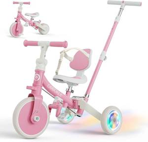 lot 171059 image: 5-in-1 Tricycle for Toddlers 1-3, Convertible Toddler Bike with Push Handle & Removable Pedals, Balance Bike with Colorful Lighting Wheels, Adjustable Seat Height with Backrest(Pink)
