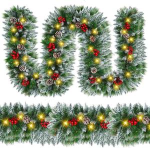 lot 171063 image: Christmas Garland with Lights - 9FT Pre-Lit Flocked Garland with 30 LED Bulbs, Red Berries, Pine Cones, Artificial Pine Battery Operated Garland for Fireplace, Staircase, Indoor & Outdoor Decoration