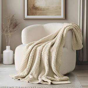 lot 171071 image: EVERGRACEHOME Chunky Chenille Knit Throw Blanket for Couch, Soft Luxurious Moss Stitch Blankets for Bed, Cozy Decorative Farmhouse Knitted Throws for Sofa, Beige, 50 x 60