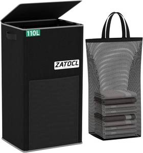 lot 171076 image: 110L Laundry Hamper with Lid with Washing Bag & Front Mesh Bag, Large & Tall Laundry Basket, Collapsible Dirty Clothes Hampers for Bedroom Aesthetic, Bathroom, Dorm, Laundry Room - Easy Carry, Black