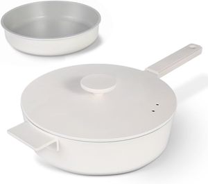 lot 271090 image: 11 Inch All in One Pan with Lid Ceramic Nonstick and 9.5 Inch Circle Pan,Multifunctional Cookware for Vertasile Cooking and (Beige)