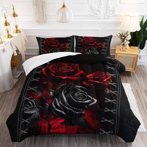 lot 271091 image: AILONEN Red Rose Comforter Set - Twin Size, 3D Floral Bedding Set, Red & Black Comforter, Duvet Set with 1 Quilt and 2 Pillowcases