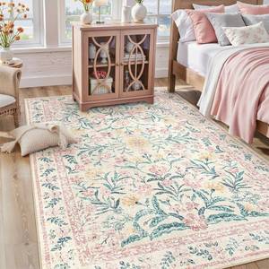 lot 271097 image: Lahome Pink Bedroom Rug for Girls Room Decor, 5x7 Washable Cute Playroom Nursery Rug, Soft Floral Low Pile Carpet for Kids Living Dining Room Indoor, PinkMulti