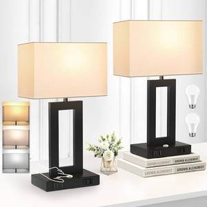 lot 271105 image: Set of 2 Table Lamps for Bedrooms, 3-Color Temperatures Touch Control Bedside Lamps with 2 USB Ports&AC Outlet, Stepless Dimmable Living Room Lamps for Nightstand, White&Black