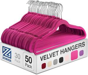 lot 271109 image: Zober Velvet Hangers 50 Pack - Heavy Duty Pink Hangers for Coats, Pants & Dress Clothes - Non Slip Clothes Hanger Set - Space Saving Felt Hangers for Clothing