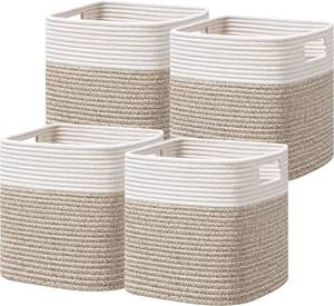 lot 271123 image: UBBCARE Set of 4 Storage Cubes-11 X 10.5 X 10.5 In, Cotton Rope Basket for Shelves, Toys, Book, Cube Storage Bin with Handles, Woven Storage Basket for Organizing, WhiteBrown