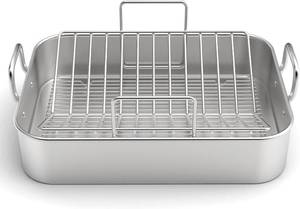 lot 271144 image: Stainless Steel Roasting Pan, 1713 Inch Turkey Roaster with Rack - Deep Broiling Pan & V-shaped Rack & Flat Rack, Non-toxic & Heavy Duty, Great for Thanksgiving Christmas Roast Chicken Meat Lasagna