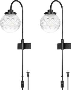 lot 371025 image: Vintage Plug in Wall Sconce - Artisanal Hand-Crafted Glass Shade with 6.2FT Cord and Switch  Adjustable Height, Universal E26 Base  Perfect for Bedroom, Living Room, and Hallway Lighting