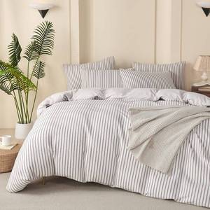 lot 371026 image: Luxury Grey Comforter Set Queen - Washed Microfiber 3 Pieces Jacquard Bedding, White & Grey Vertical Ticking Stripes Pattern Comforter with 2 Pillowcases, Soft Breathable Durable Comfy