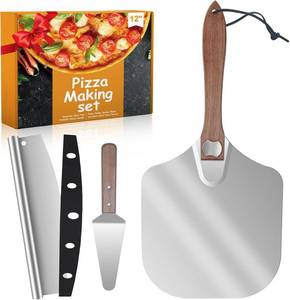 lot 371038 image: Aluminum Pizza Peel 12x14 With Foldable Wooden Handle - Metal Paddle, Rocker Cutter, and Server for Pizza Oven (Gift-Ready)