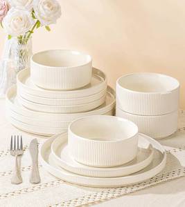 lot 371047 image: GBHOME Ceramic Dinnerware Sets for 4, 12 Pieces Stoneware Ribbed Plates and Bowls Set, Handmade Reactive Glaze Stackable Plate Sets, Scratch Resistant Dishes, Microwave & Dishwasher Safe,Beige