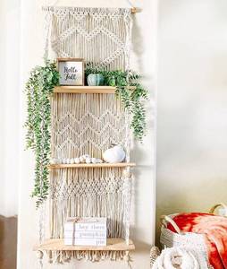 lot 371058 image: SnugLife Macrame Wall Hanging Shelf - 3 Tier Wall Plant Hanger Shelves with Handmade Woven Rope - Boho Shelves Organizer for Kitchen, Bathroom, Home Storage, Floating Plant Shelf (Pine Wood)