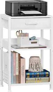 lot 371059 image: Lerliuo White Printer Stand with Fabric Drawer, 3 Tier Industrial Side Table, Modern Small Printer Desk Holder with Storage Shelf,Multi-Functional Bedside Tables for Home Office Fax Machine Scanner