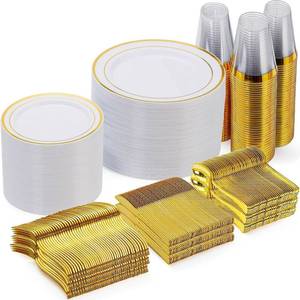 lot 471148 image: Goodluck 600 Pieces Gold Disposable Plates for 100 Guests, Plastic Plates for Party, Dinnerware Set of 100 Dinner and 100 Dessert Plates, 100 Spoons, 100 Forks, 100 Knives, 100 Cups