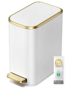 lot 471151 image: Cesun Small Bathroom Trash Can with Lid Soft Close, 5 Liter1.3 Gallon Stainless Steel Garbage Can with Removable Inner Bucket, Step Pedal, Slim Waste Basket for Toilet, Office, Bedroom (White&Gold)