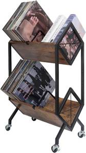 lot 471179 image: Vinyl Record Storage Holder with Wheels, 2-Tier Record Holder 160-200 LP with Dividers, Retro Style Quick Assembly Vinyl Record Display for Albums, Magazine, Book, Files(2 Tier- Rustic Brown)