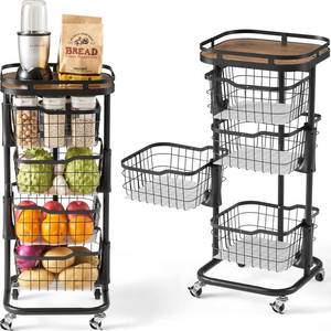 lot 471182 image: 4 Tier Kitchen Fruit Vegetable Storage Cart with One-Piece Rotating Basket, Pantry Organizer Shelf Rack Floor Stand for Veggie Onion Potato Produce Spice, Rolling Snack Cart on Wheels, Black