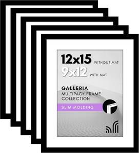 lot 471186 image: Americanflat 12x15 Picture Frame with Polished Plexiglass - Set of 10 - Use as 9x12 Frame with Mat or Display 12x15 Photo Without Mat - Galleria Collection - Picture Frames for Wall Display - Black