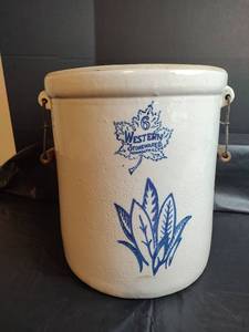 Vintage Western Stoneware 6 Gallon Crock with Blue Leaf Design and Wooden Handles