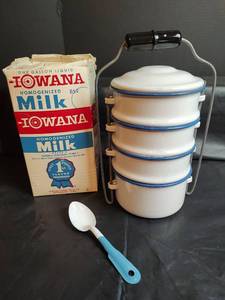lot 12 image: Enamel Stacking Food Carrier, Four Containers with Iowa Milk Carton