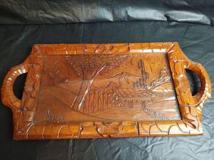 lot 22 image: Hand Carved Wood Tray with Country Scene with Glass,  23.5 x 12. Mexico