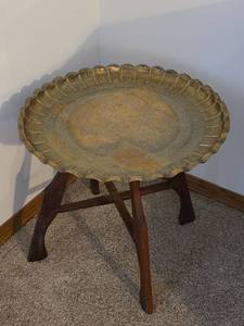 lot 54 image: Middle Eastern Brass Decorative Tray with Wooden Stand