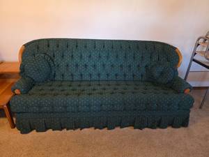 lot 66 image: EnglandCorsair Traditional 86in. Tufted Green Sofa with Wood Trim