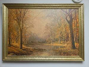 lot 74 image: Autumn Forest Lake Scene Sofa Picture
