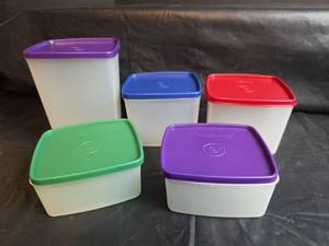 lot 209 image: NEW Tupperware Square Container Set with Colored Lids