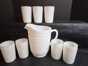 lot 215 image: Hobnail Milk Glass Pitcher and Tumbler Set