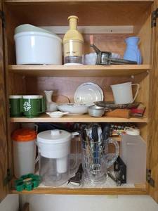 lot 232 image: Contents of Cabinet, Chalet Green Snowflake Mugs Set, Pitchers, Kitchen Utensils, and More