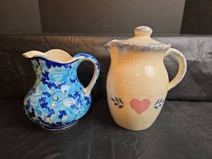 lot 244 image: Decorative Ceramic Pitcher Set - Blue Floral & Heart Design