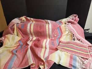 lot 254 image: Handwoven Cotton Striped Tablecloth (needs mending) and 8 Placemats