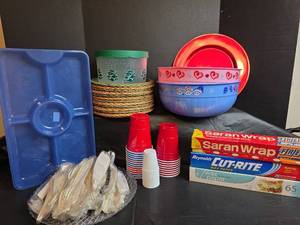 lot 261 image: Holiday Bowl Collection Set with Woven Plate Holders, and Papergoods