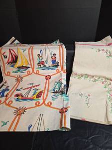 lot 264 image: Nautical Theme Tablecloth with Sailing Scenes and Floral Tablecloth