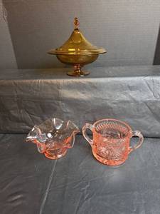 lot 268 image: Depression Glass Collection - Amber Compote and Pink Dishes