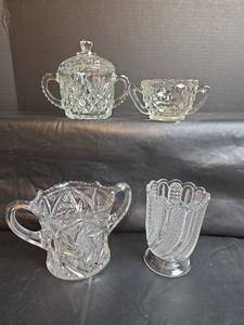 lot 283 image: Vintage Cut Glass Tableware Collection - Sugar Bowl, Creamer and Celery Vase