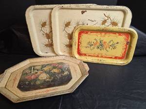 lot 286 image: 3 Decorative Metal Serving Trays and 1 Wood Tray Made in Japan