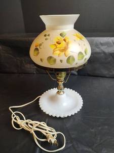 lot 366 image: Vintage Hand-Painted Floral Hurricane Table Lamp with Milk Glass Hobnail Trim Pattern Base