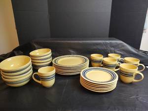 lot 401 image: Gibson Blue Stripe China Dinnerware Set, Microwave and Dishwasher Safe, 27 Piece