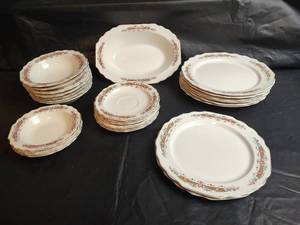 lot 405 image: Vintage W.S. George Lido White with Pink Flowers Dinnerware Set, 25 Pieces, Made in USA